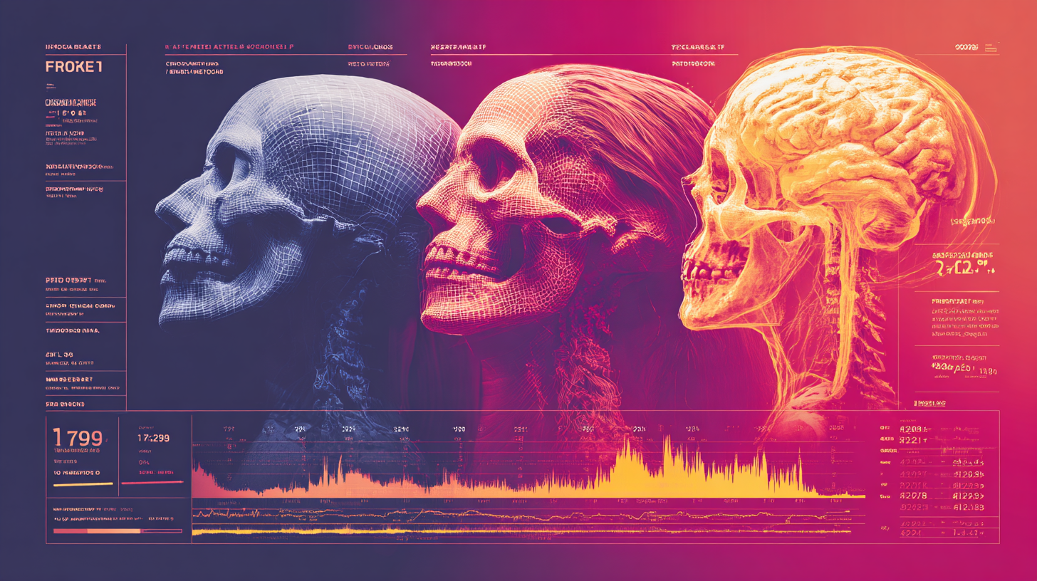 Skull progression from digital wireframe to organic rendering — layers of human and machine